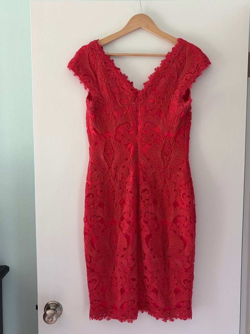 Tadashi Shoji Size 6 Flame Red Corded Lace Tulle Sheath Cocktail Dress - Picture 9 of 13